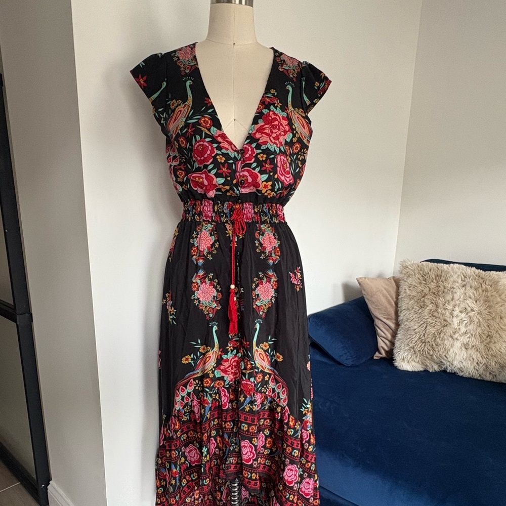 Red and Black High-Low Wrap Maxi Dress